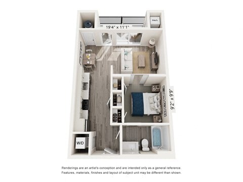 Floor plan for studio, 1 bath, 593 sqft